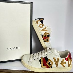 Gucci Ace Loved Sneakers White, Red, Blue, Gold, Size 5